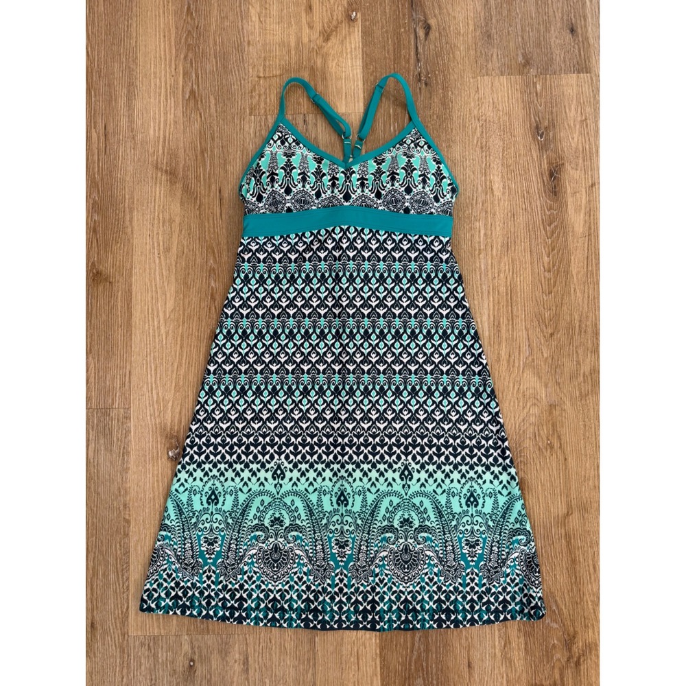 Athleta Boho Festival‎ Teal Paisley Geometric Swim Dress Women XS Built-in Bra